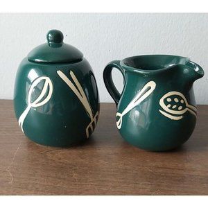 vintage glass cream and sugar sets with kitchen type hand painted decals
